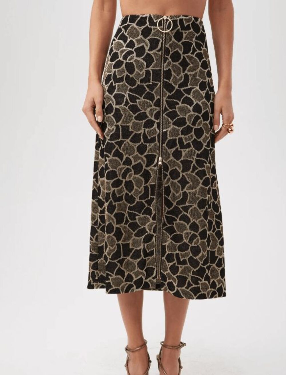 NWT Trina Turk Zane Metallic Knit Jacquard Zip-Front Midi Skirt- size 10
